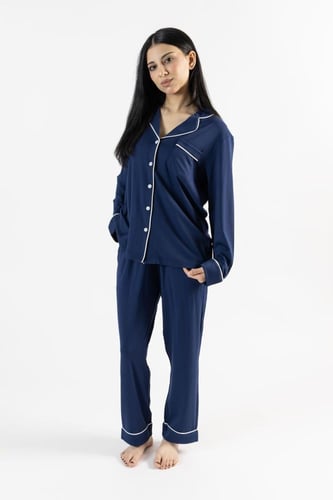 طقم بيجاما بأكمام طويلة من البامبو الطبيعي- كحلي