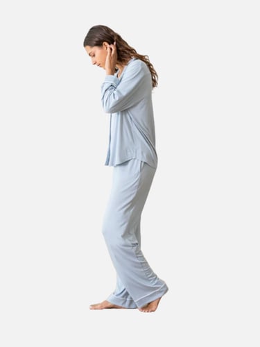 طقم بيجاما بأكمام طويلة من البامبو الطبيعي- ازرق ب...