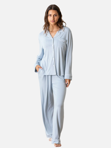طقم بيجاما بأكمام طويلة من البامبو الطبيعي- ازرق ب...
