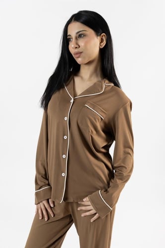 طقم بيجاما بأكمام طويلة من البامبو الطبيعي- بيج