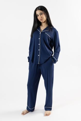 طقم بيجاما بأكمام طويلة من البامبو الطبيعي- كحلي