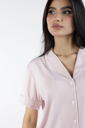 طقم بيجاما بأكمام قصيرة من البامبو الطبيعي- وردي ب...