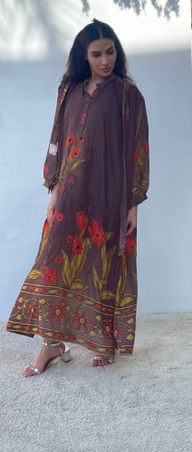 ثوب حرير 100٪ بني 100%silk kaftan in brown