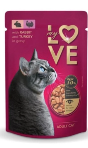 Moist food pouch for adult cats with rabbits and t...