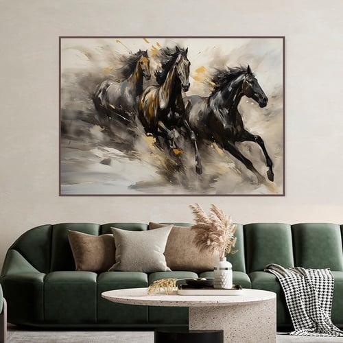 لوحة قماشية بتصميم احصنة مع برواز مجوف