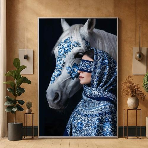 لوحة قماشية بتصميم خيل مع برواز مجوف