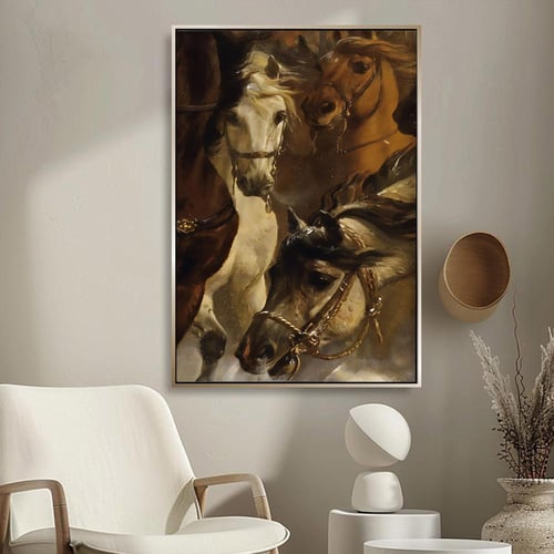 لوحة قماشية بتصميم خيل مع برواز مجوف