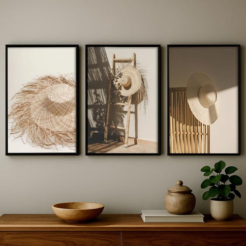 ثلاث لوحات قماشية مودرن بتصميم قبعة قش - كل قطعة 4...