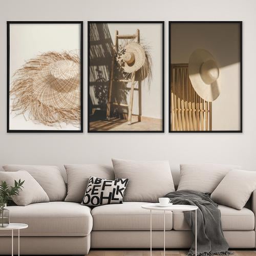 ثلاث لوحات قماشية مودرن بتصميم قبعة قش - كل قطعة 4...