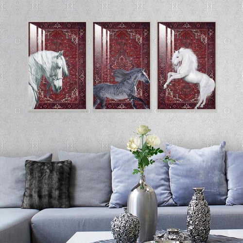 ثلاث لوحات جدارية مع برواز واكريلك شفاف بتصميم حصا...