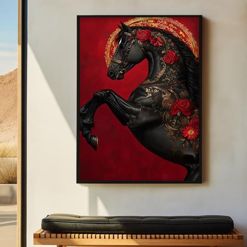 لوحة قماشية بتصميم خيل مع برواز مجوف