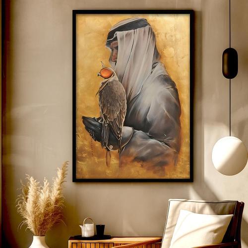 لوحة قماشية بتصميم الفن النجدي مع برواز ذهبي مجوف