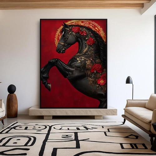 لوحة قماشية بتصميم خيل مع برواز مجوف