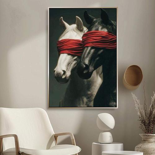 لوحة قماشية بتصميم خيل مع برواز اسود مجوف