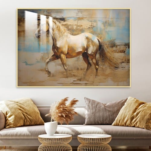 لوحة جدارية بتصميم خيول مع برواز و طبقة من اكريلك