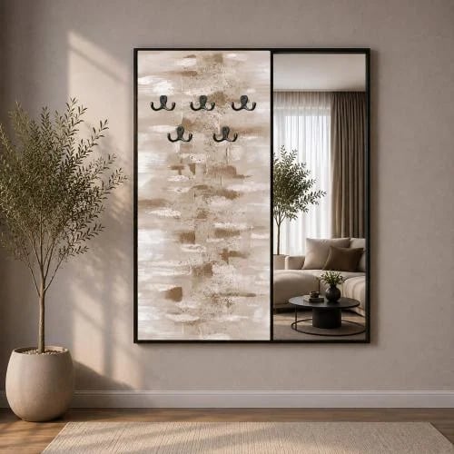 لوحة قماشية بتصميم مودرن لتعليق الملابس مع مرآة
