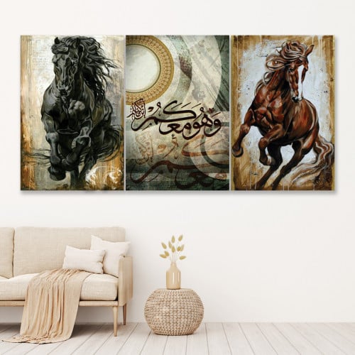 لوحات قماشية ثلاثية مودرن - بتصميم أحصنة عربية - ك...