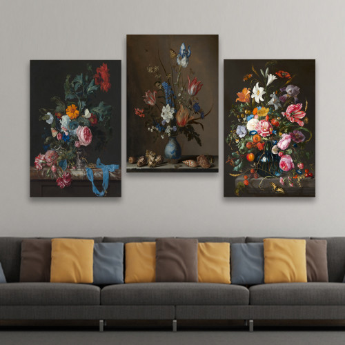 ثلاث لوحات قماشية مودرن - بتصميم ورود - مقاس كل قط...