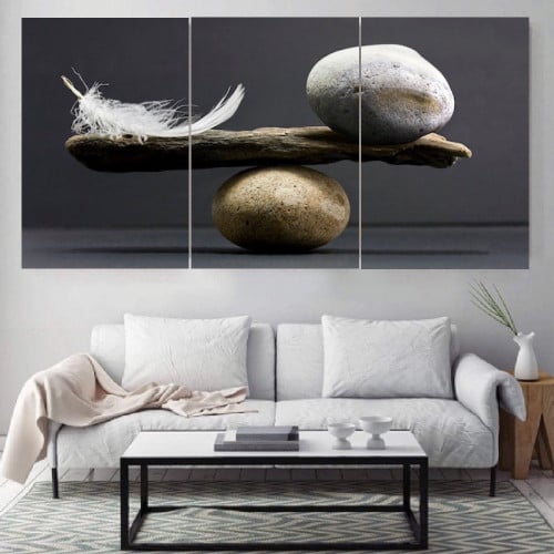 ثلاث لوحات قماشية مودرن - بتصميم ريشة و صخرة - كل...