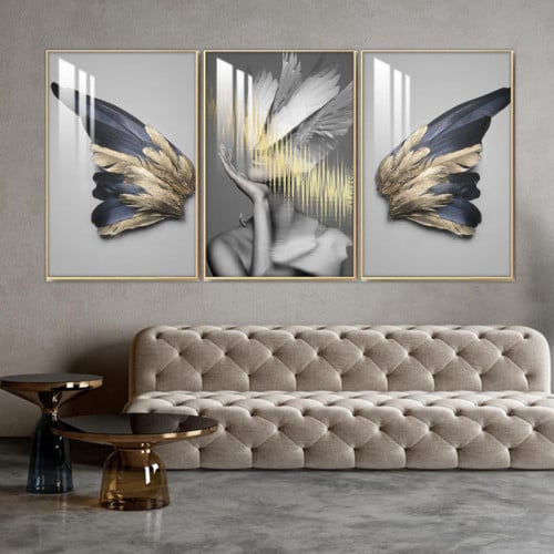 ثلاث لوحات جدارية - تصميم فتاة مع أجنحة فراشة - بر...