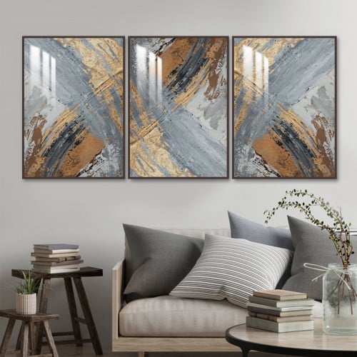 ثلاث لوحات جدارية - ببتصميم تجريدي مع برواز وإكريل...