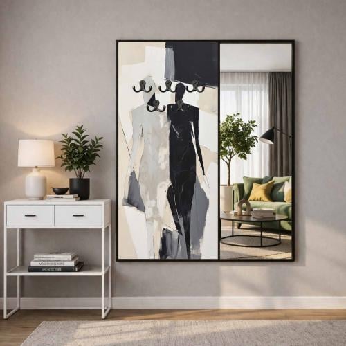 لوحة قماشية بتصميم مودرن لتعليق الملابس مع مرآة