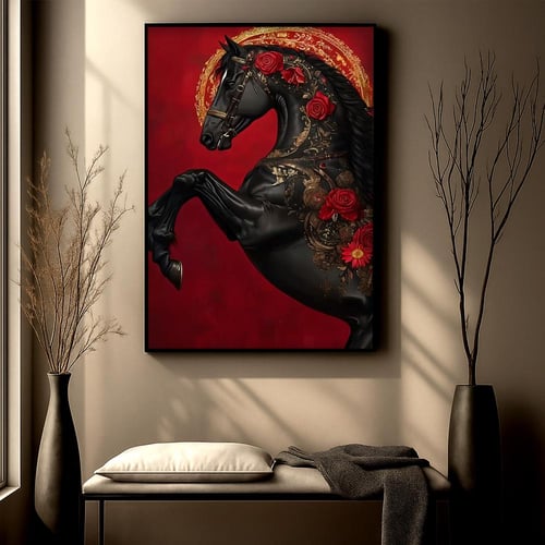 لوحة قماشية بتصميم خيل مع برواز مجوف