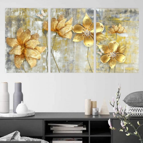 ثلاث لوحات قماشية مودرن بتصميم ورد