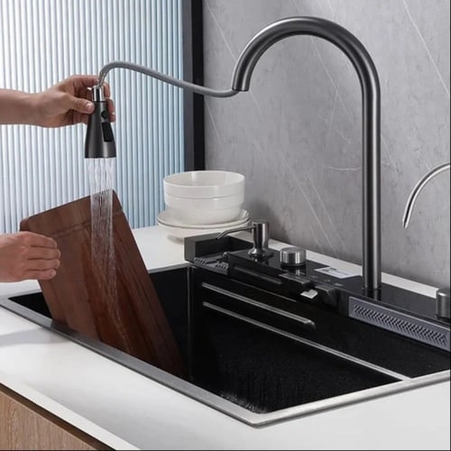 مجلى حوض مطبخ ستانلس شلالين المطور رمادي اسود 75*4...