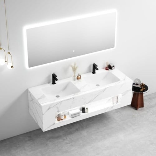 مغسلة حوضين حجر ابيض مع مراية مرخم عصريه لد 120سم...