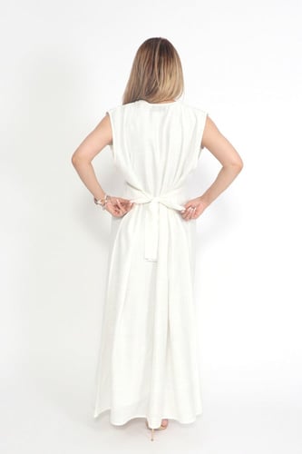 فستان كت بحزام لون سكري كريب سعودي