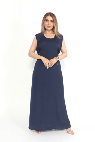 فستان كت بحزام لون كحلي حرير مغسول