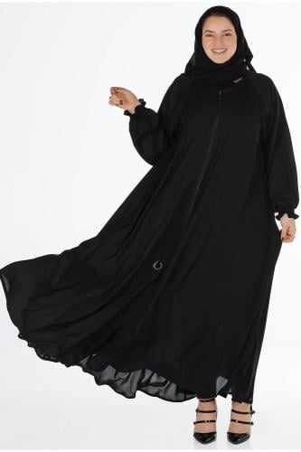 عبايه كلوش سحاب سوداء وكم مزموم قماش لمسة حرير مع...