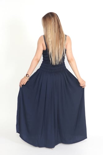 فستان مزموم لون كحلي حرير مغسول