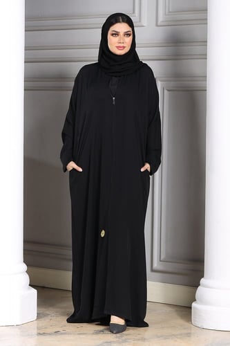 عباية سوداء بسحاب وجيوب مخفية منسوجة من قماش لمسة...