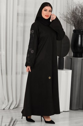 عباية شتوية سوداء شامواه بتطريز اسود مع رصاصي في ا...