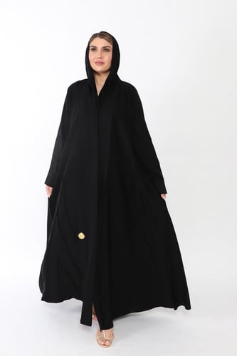 عباية كلوش ساده بتطريز في الكم منسوجة من قماش الصا...