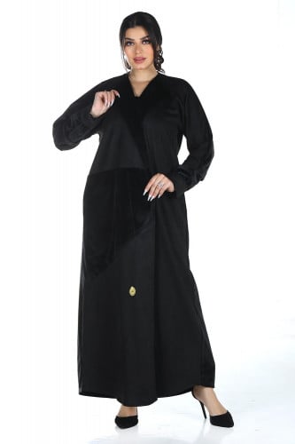 عباية شتوية سوداء لف سادة من قماش الشامواه والمخمل...
