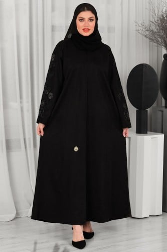 عباية شتوية سوداء شامواه بتطريز اسود مع رصاصي في ا...