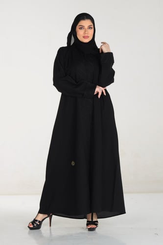 عباية بياقة سوداء بكم سفطة منسوجة من قماش الكريب ا...