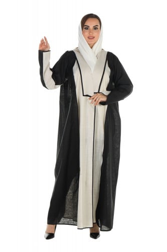 عبايه سوداء في بيج لف بقماش اللينين مع طرحتها