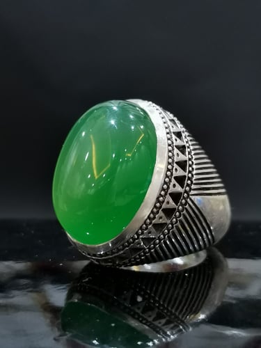 خاتم الفضة بحجر عقيق خرساني ايراني أخضر بصياغة الخ...