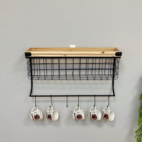 رف جداري حديد وخشب مع حامل اكواب