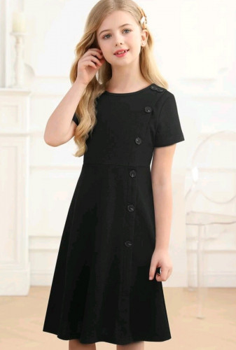 فستان بناتي أسود - قصير _ بأزرار جانبية