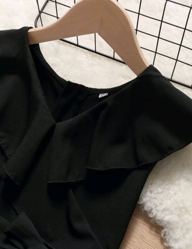 فستان بناتي أسود - قصير من الأمام - بوليستر مع حزا...