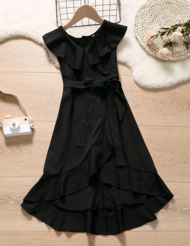 فستان بناتي أسود - قصير من الأمام - بوليستر مع حزا...