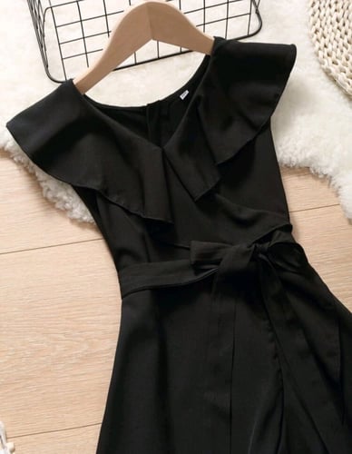 فستان بناتي أسود - قصير من الأمام - بوليستر مع حزا...