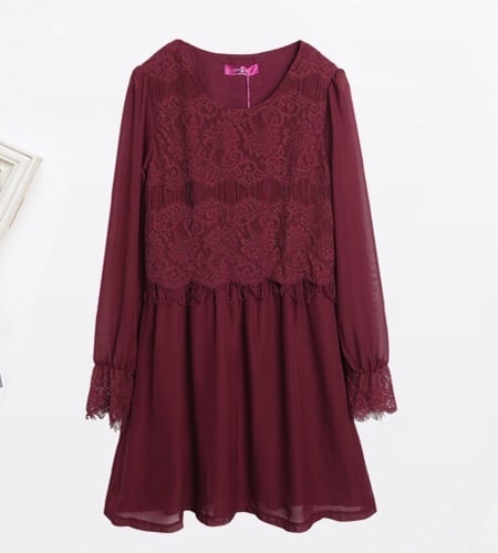 فستان نسائي قصير عنابي دانتيل وشيفون