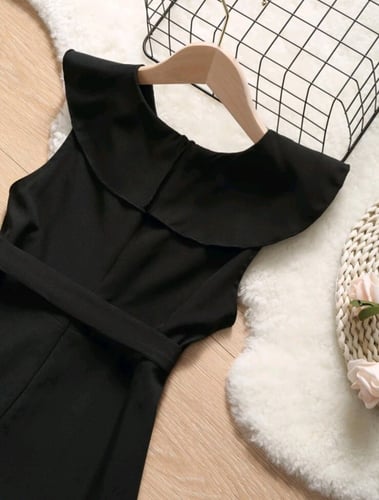 فستان بناتي أسود - قصير من الأمام - بوليستر مع حزا...