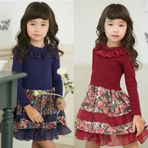 فستان بناتي أحمر وأزرق به شيفون وساتان